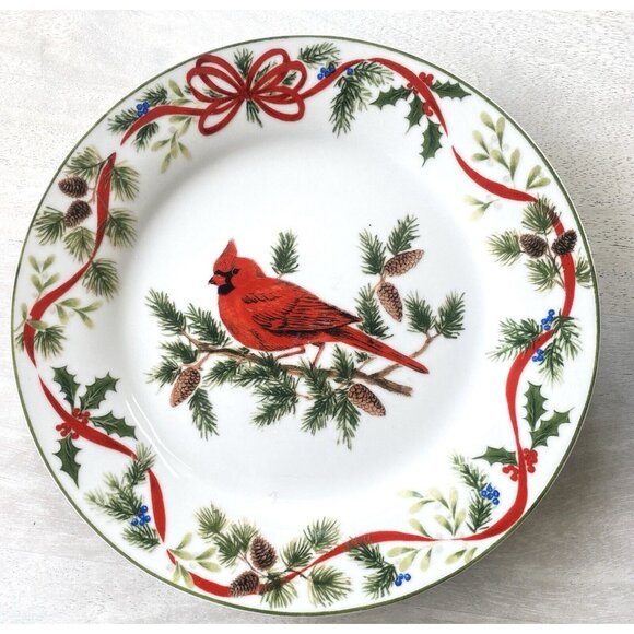 American Atelier CHRISTMAS WOODLAND BIRDS Set Of 4 Dessert Salad Plates 8” - Picture 1 of 7